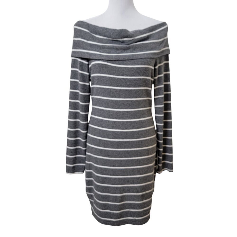 Nine Britton Size S Gray & White Striped On or Off The Shoulder Hacci Dress